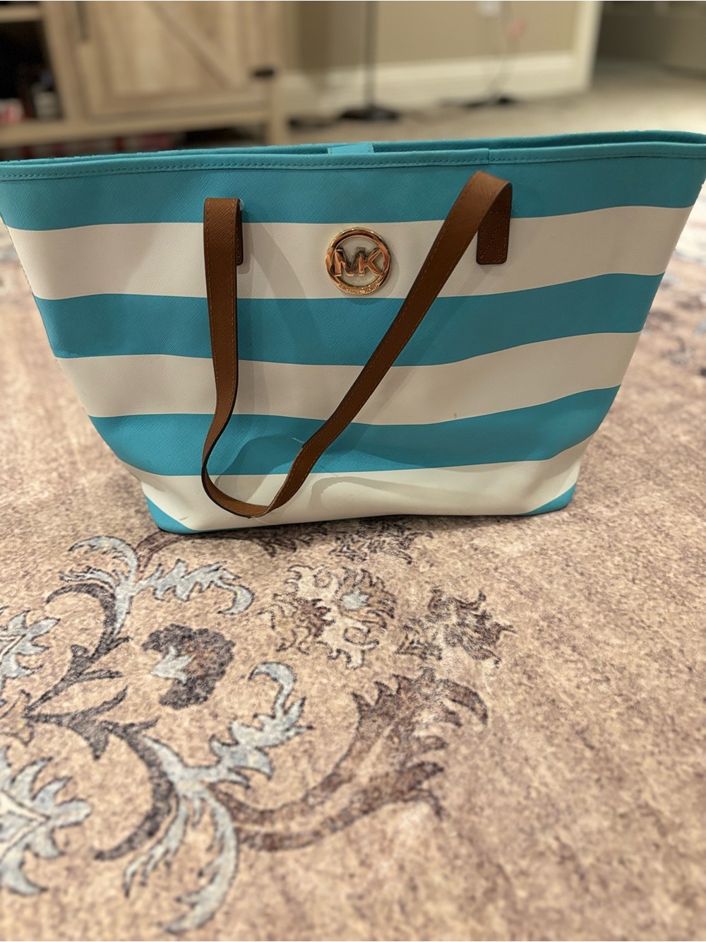 Michael Kors Blue and White Striped Tote with Brown Straps